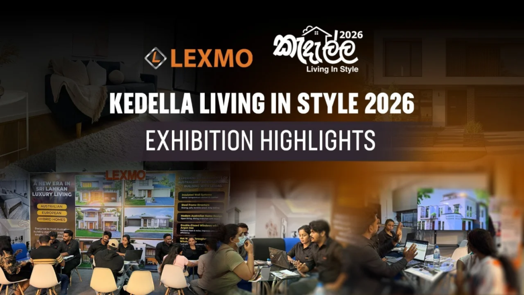 Banner for Kedella Living in Style 2026 exhibition by LEXMO showing a busy event hall with attendees at tables and laptops