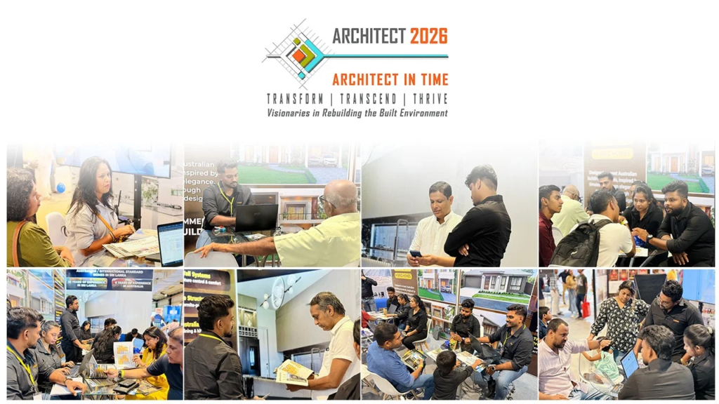 Architect 2026 logo above a collage of attendees at an architecture expo with booths and displays beneath it, hands-on discussions in progress.