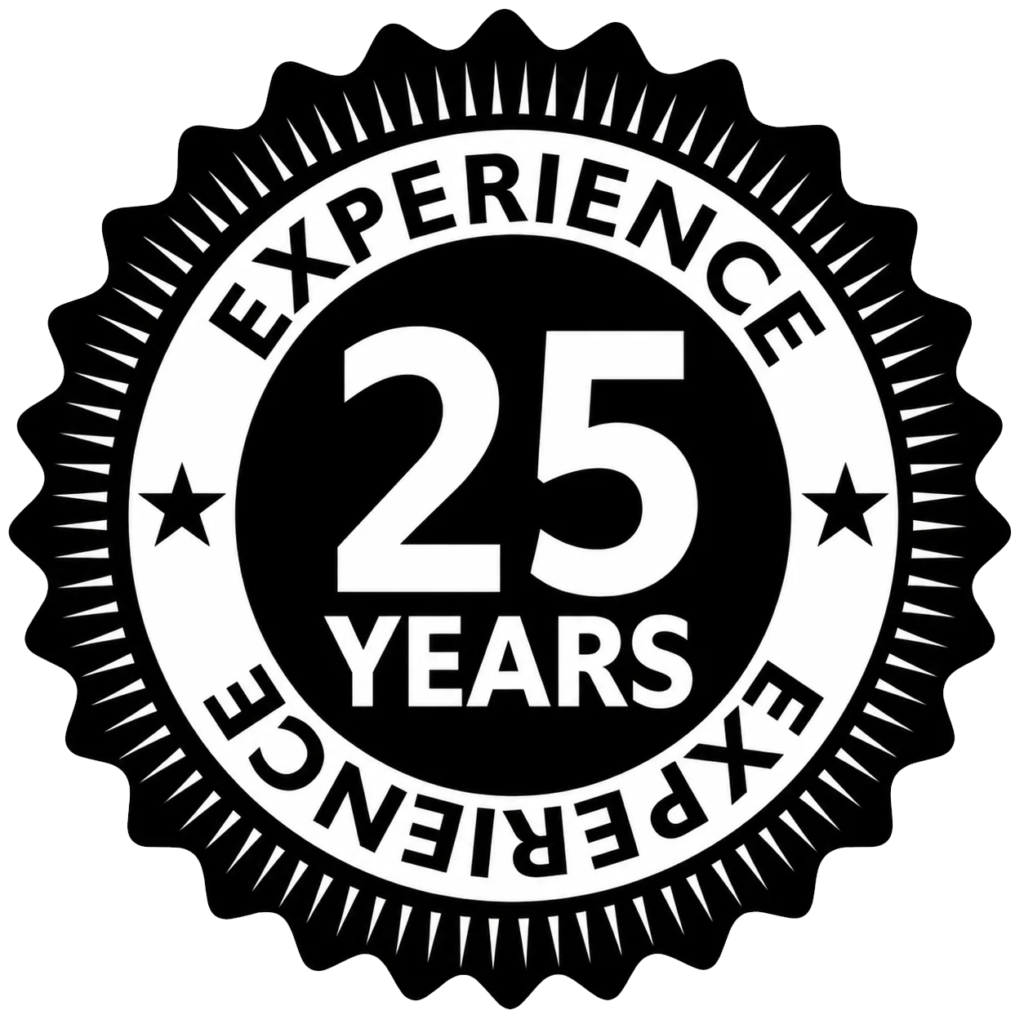 Circular black-and-white seal reading '25 YEARS' in the center with 'EXPERIENCE' around the edge and small stars, resembling a badge of 25 years experience